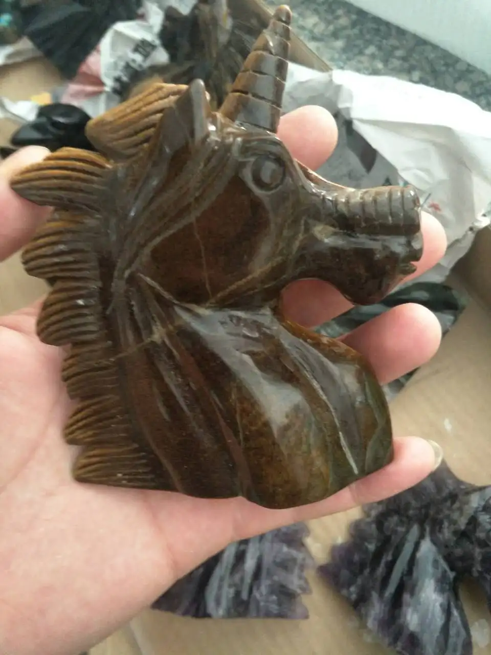 High Quality Beautiful Natural Tiger Eye Quartz Crystal Carved Horse Head Unicorn Healing | Дом и сад