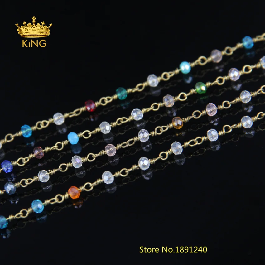 

5M Small Rainbow Glass Crystal Plated Bronze Wire Wrapped Link Beaded Chains,Rosary Glass Faceted Rondelle Necklace Bulk LS33