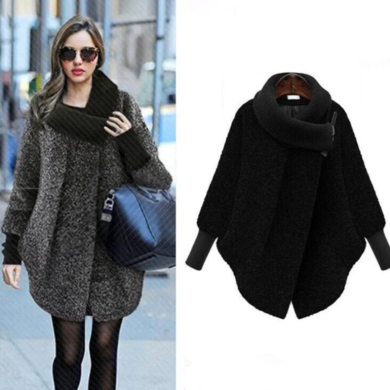 

2019 New Casual loose stitching Woolen coat Women Autumn Winter Lapel Lantern Sleeve Female Retro warm jacket cc495