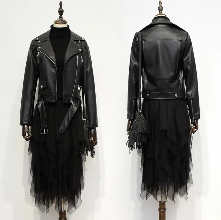 New Fashion Women Autumn Winter Black Faux Pu Leather Jackets Woman Zipper Basic Coats Turn-down Collar Biker With Belt | Женская одежда