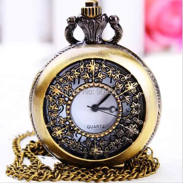 

New Steampunk Quartz Dress Pocket Watch Leaves Hollow Vintage Style Bronze Necklace Pendant Chain Clock 10pcs/lot T9934