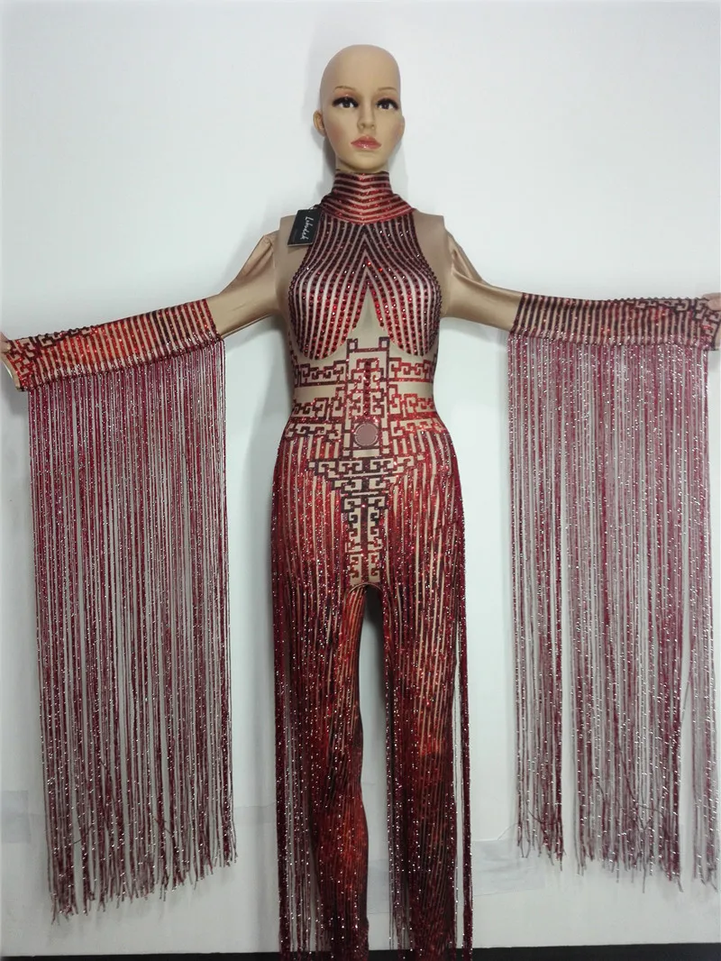 Комбинезон с красными кристаллами и кисточками женские певицы костюм для