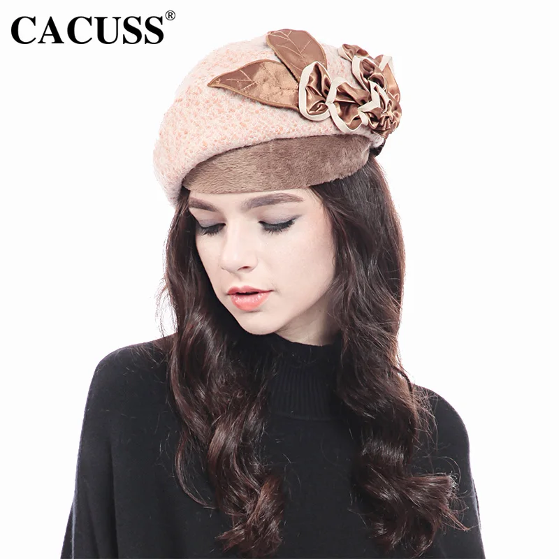 CACUSS Elegant Women Wool Cap Fedoras Female Winter Warm Floral Flet Hats Party Berets Chapeau Femme | Аксессуары для одежды