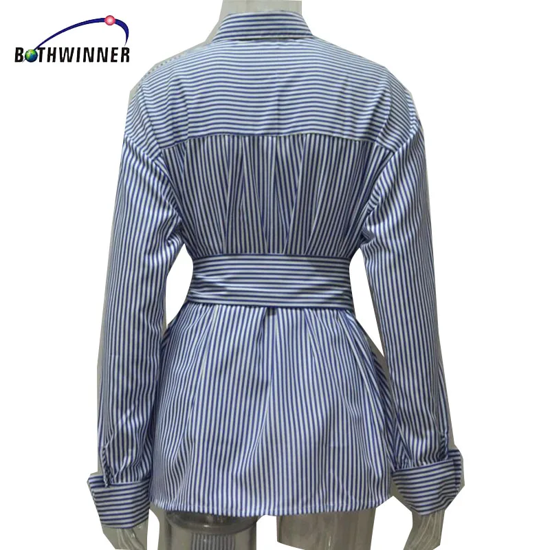 Bothwinner полосатая женская блузка рубашка Повседневная синяя 2017 Осень Зима крутая с