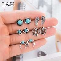 5 pairsset vintage antique silver angel wing crown stud earrings opal stone round flower earring set for women party jewelry