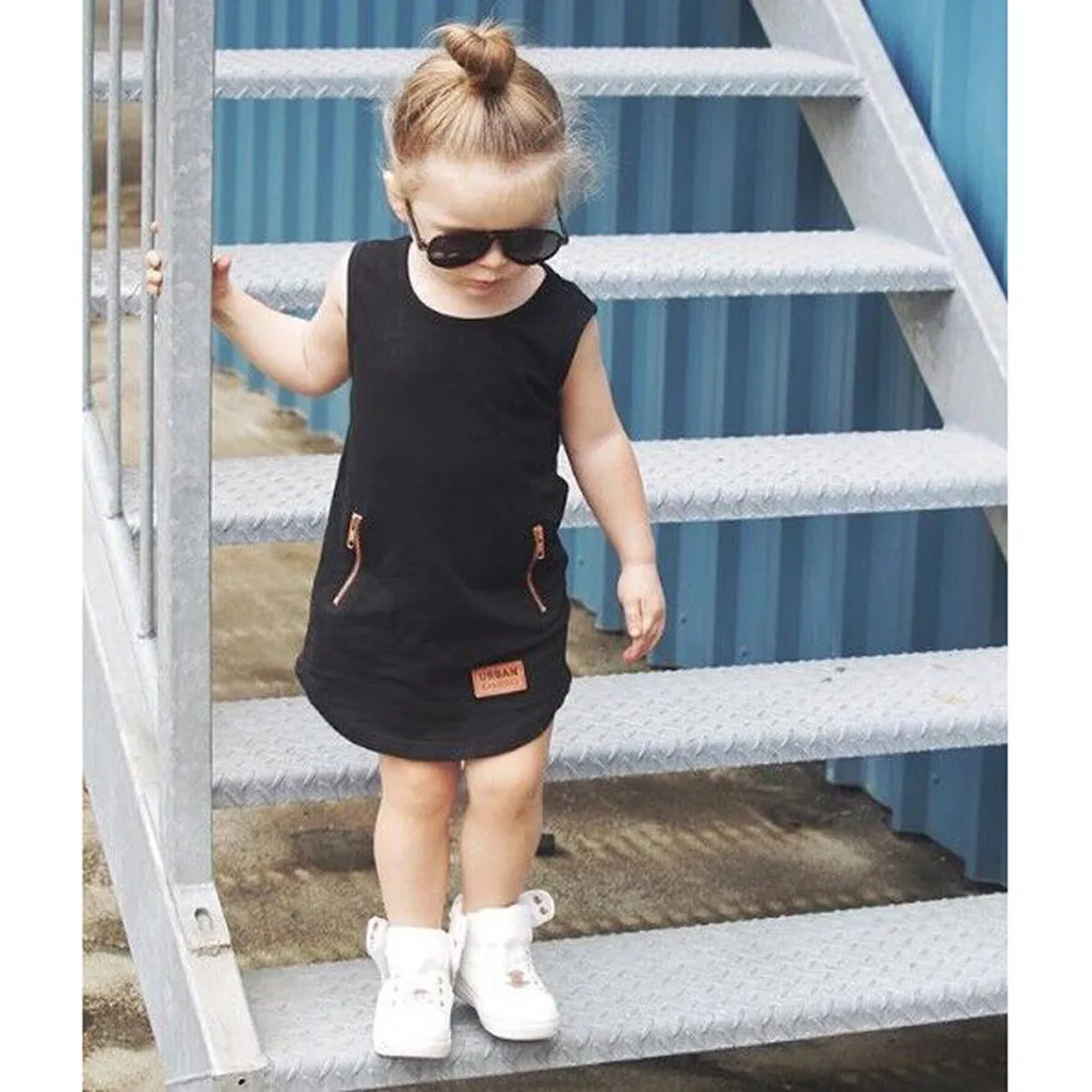Infant Baby Girl Kids Black Sleeveless Solid Cotton Zipper Pocket Dress Outfit Clothing Casual Style School Wear Costume | Детская