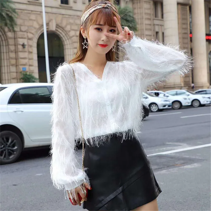 

2019 Fashion Spring Autumn Women White Blouses V-Neck Chiffon Blouse Ladies Long Sleeve Shirts Tassel Shirt Blusas Tops AB1321