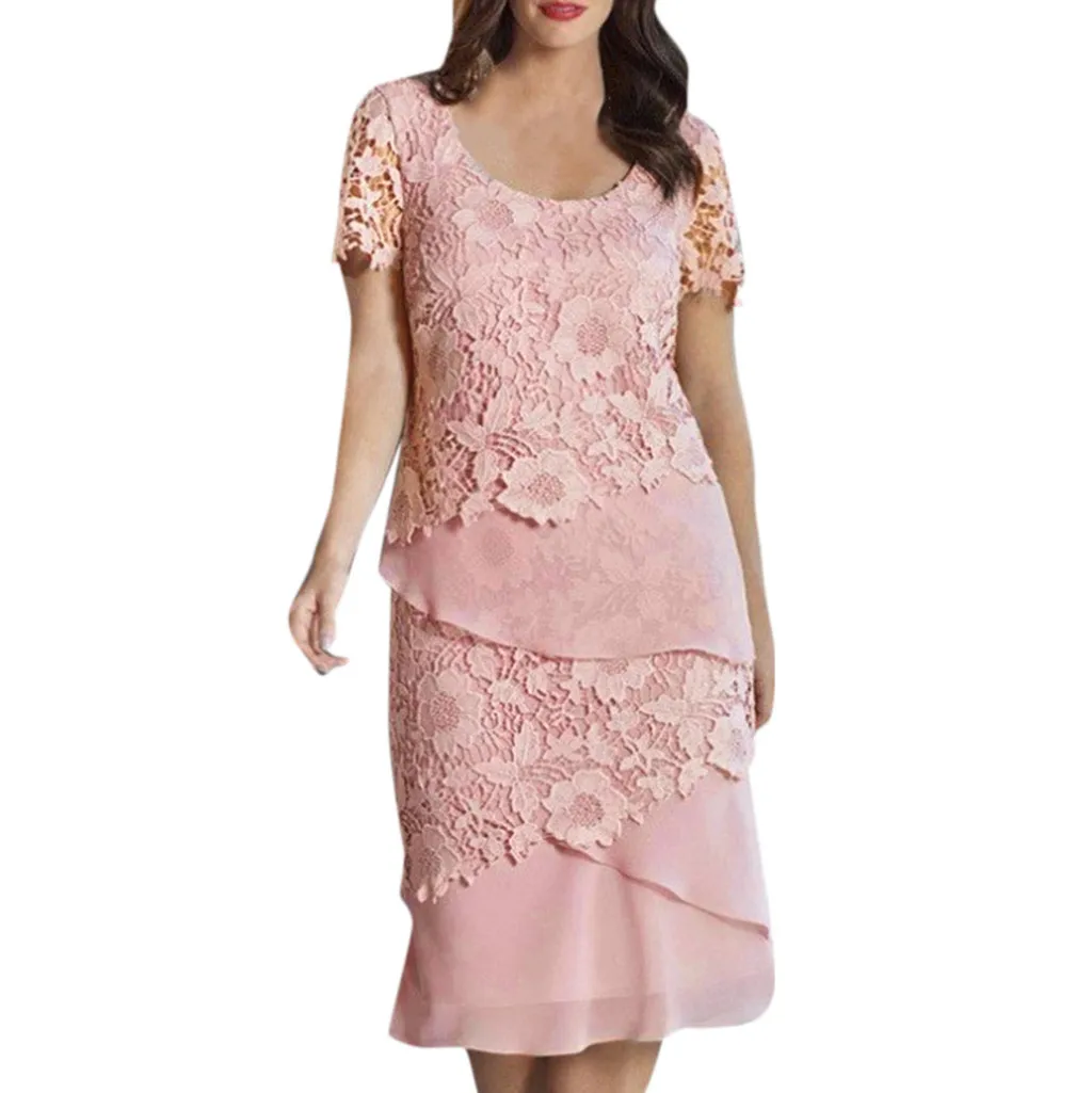 Женское кружевное однотонное платье с цветочной аппликацией большого размера