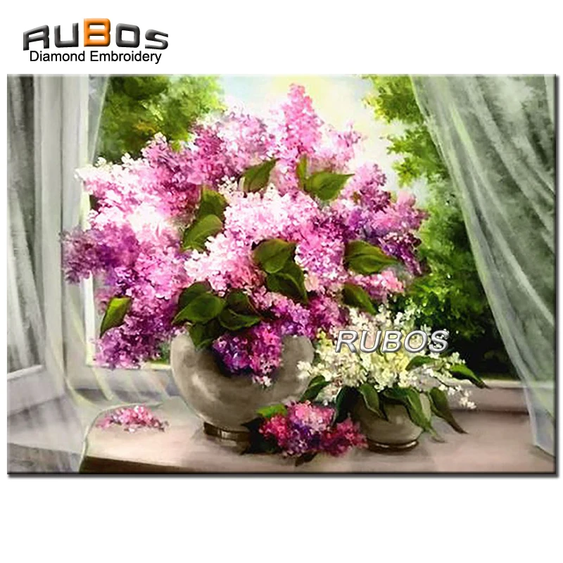 RUBOS DIY 5D алмазная вышивка Сирень на подоконнике Алмазная Картина Набор для вышивки крестом Алмазная мозаика рукоделие домашний декор