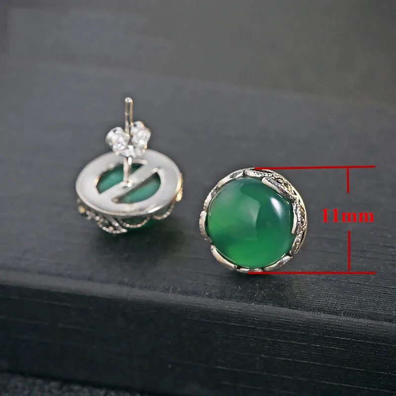 Женские серьги гвоздики из серебра 925 пробы с натуральным зеленым камнем|stud