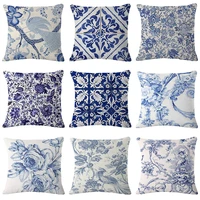 vintage pillow cover linen cotton printed pillowcase blue flowers pillow case sofa waist throw cushion cover home decoration