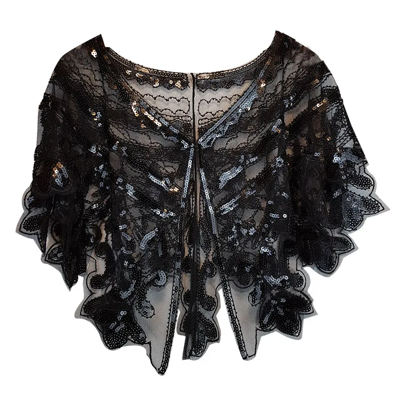 Silver Shawl 1920s Стиль Женская шаль черный и серебряный блесток бисером чистой сетки Capelet - Цвет: Silver Shawl