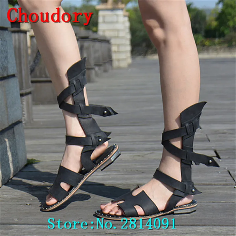 Choudory Genuine Leather Casual Buckle Strap Solid Sexy Low Heels Gladiator Sandals Narrow Band Cutouts Cross-tied Shoes Woman | Обувь
