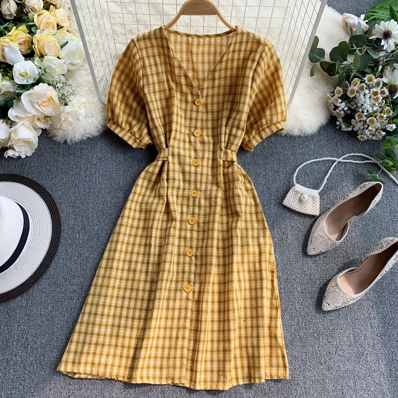 Vintage 2021 Button Slim V Neck Plaid Print Short Dress Summer Party Tie Jurkjes Women Dresses Casual A-Line Vestido de festa | Женская