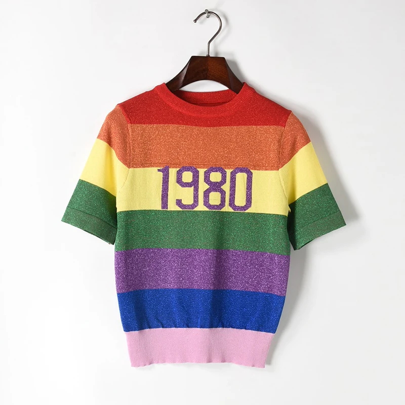2019 Summer New Fashion Rainbow Striped Women Short Sleeve Knitted Tops Tee Harajuku Sequin Top Camisetas Office Lady | Женская одежда