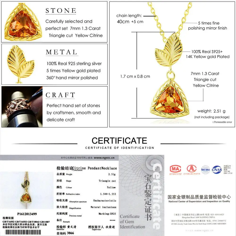 Женское Ожерелье из стерлингового серебра 925 пробы с цитрином 14 к позолоченное