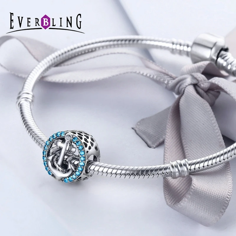 Everbling изделия якорь синий cz 100% стерлингового серебра 925 Шарм Бусины Fit Европейский
