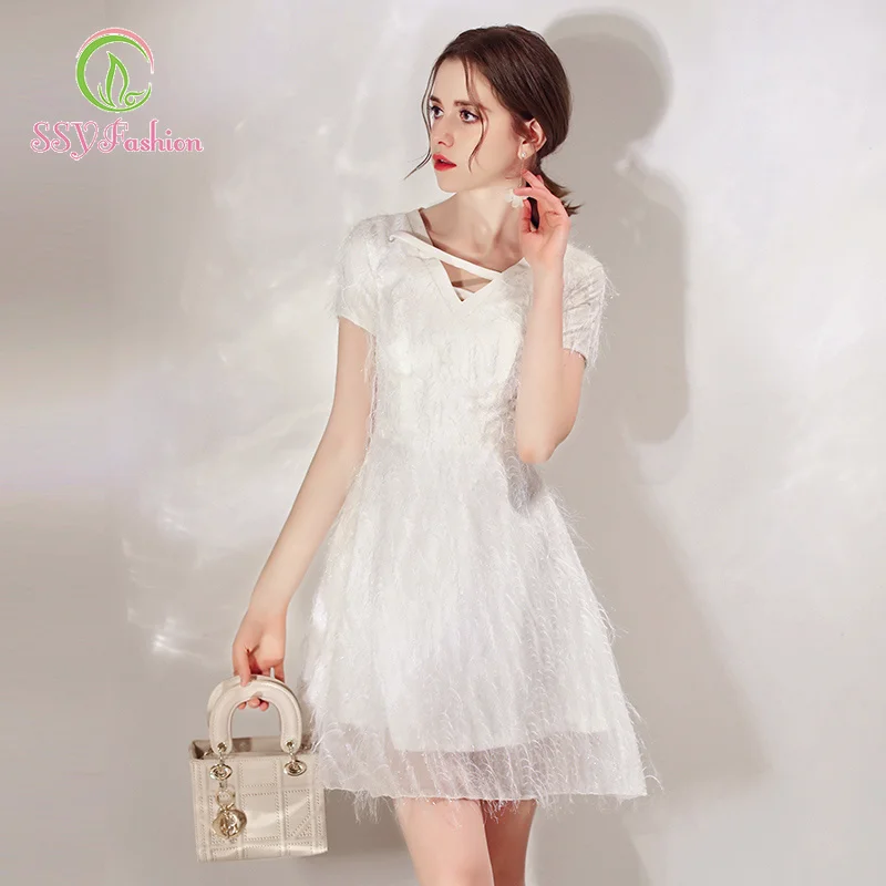 SSYfashion элегантное мини белое коктейльное платье с кисточками и v образным вырезом
