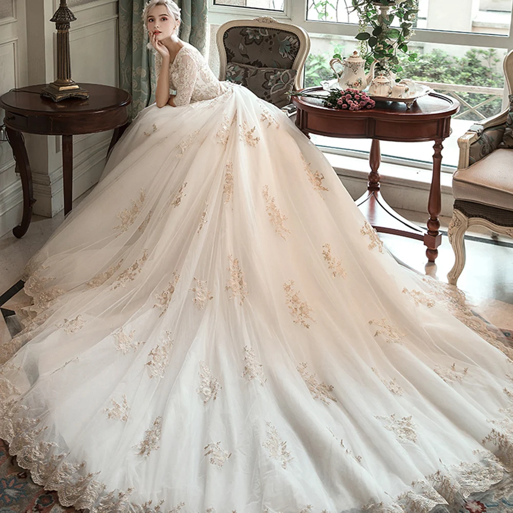 Robe Mariage Femme China Custom Made Lace Up Half Sleeve Gold Appliques Ivory Ball Gown Wedding Dress Plus Size Trajes De Novia | Свадьбы и