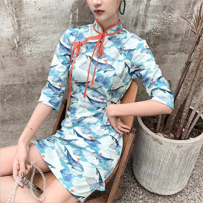 Короткий рукав сексуальный женский qi pao современный мультфильм печатных плюс размерное Ципао летнее китайское платье Восточная леди одежда s-xxl