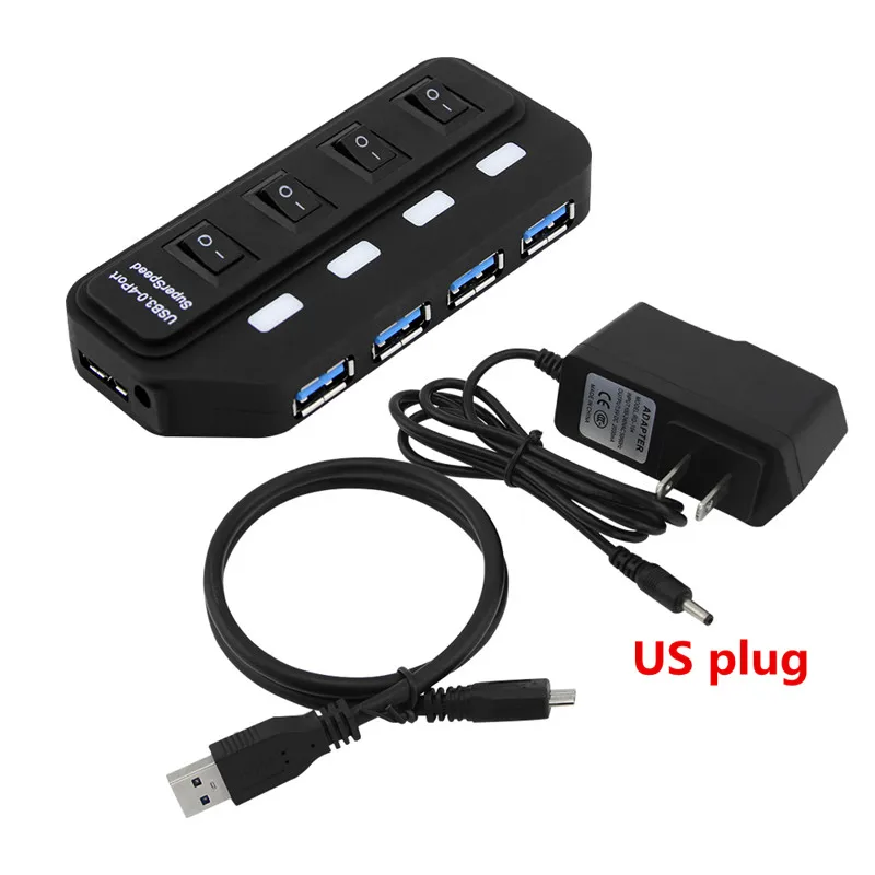 Hub with US Adapter Usb-хаб 3,0, 4 порта, портативный usb-хаб, внешний адаптер питания, высокоскоростной usb-разветвитель 5 Гбит/с, концентратор с разъемом AU/EU/US/UK, Настольный ПК - Цвет: Hub with US Adapter
