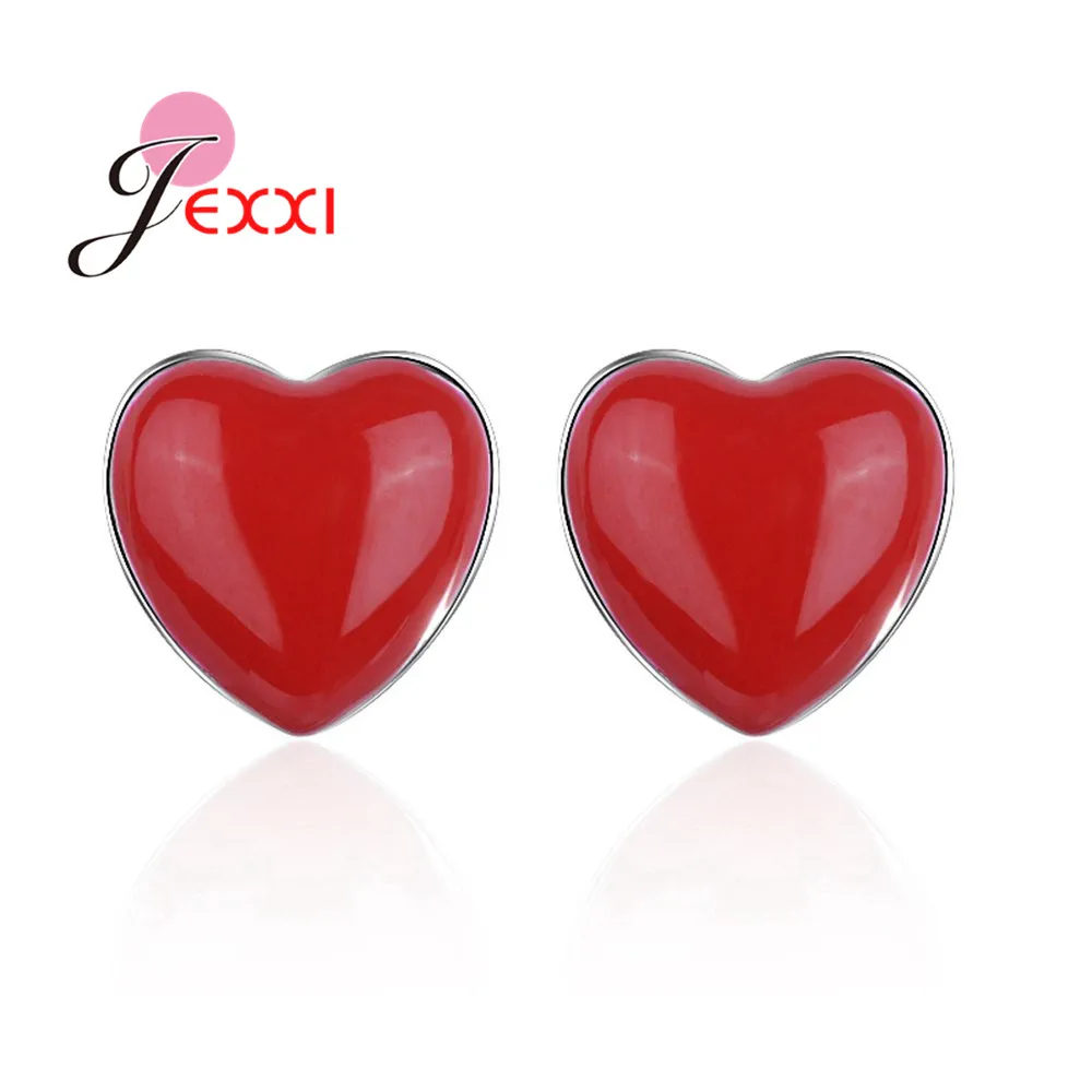 

Lovely Heart Stud Earrings For Women Girls Ture 925 Sterling Silver Red Rhinestone Female Jewelry for Wedding Engagement