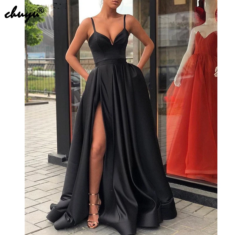 Черные мусульманские Вечерние платья а силуэта на бретельках с высоким разрезом