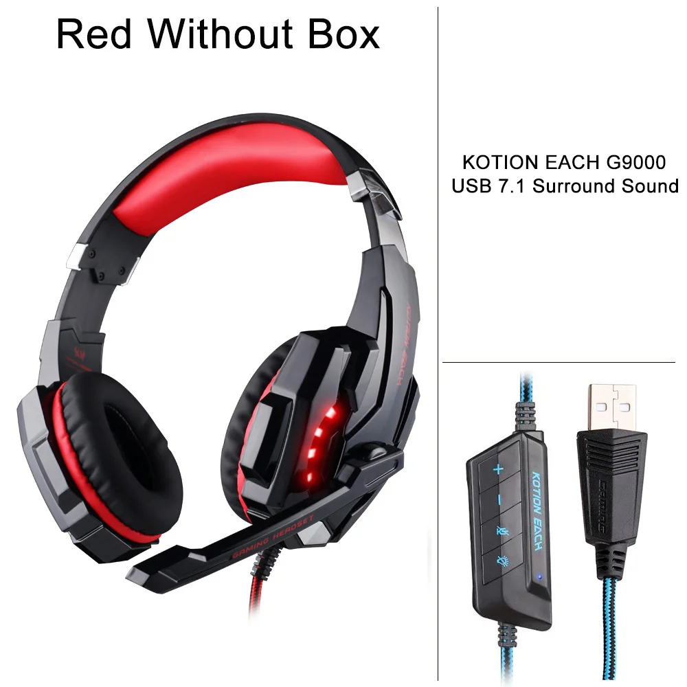 Red Without Box KOTION EACH G9000 USB 7,1 версия объемного звука Игровые наушники Компьютерная гарнитура светящиеся наушники PC повязка на голову с микрофоном - Цвет: Red Without Box