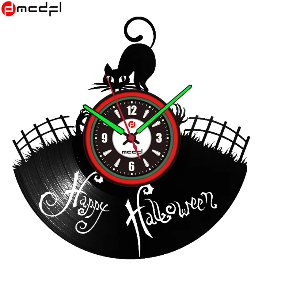 Halloween Party Decorative Accessory Bat Cat Wall Sticker LED Light Vinyl Vintage Clock Luminova Duvar Saati with Free Gift |