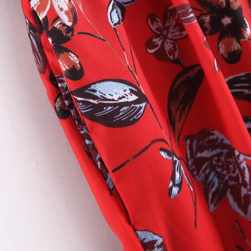 KZ208 Women's Red Color Floral Print V Neck Buckle Belt Deco Slim Waist Jumpsuit Chic | Женская одежда