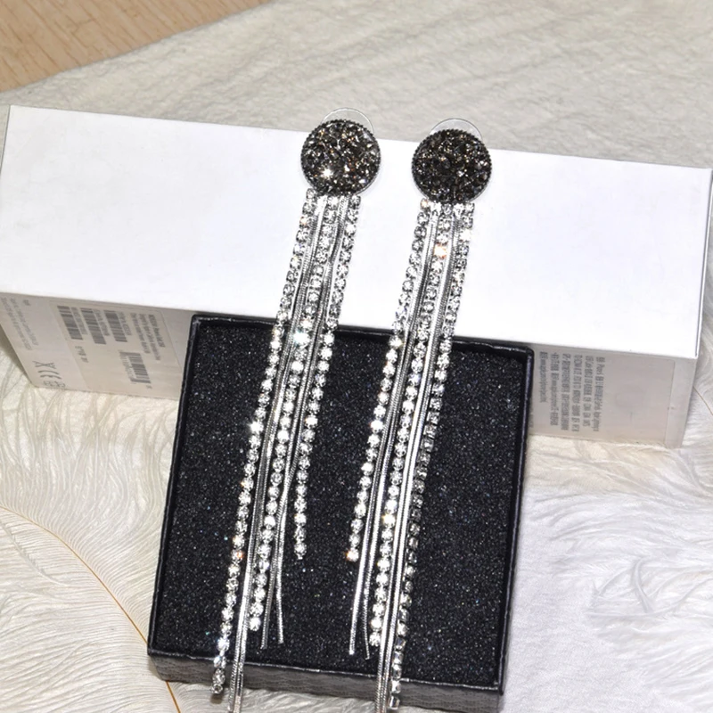 

Long Tassel Drop Earrings for Women Silver Crystal Rhinestone Big Hanging Dangle Earrings Bride Wedding Jewelry
