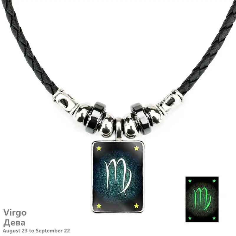 Virgo Новинка, 12 созвездий, светящееся кожаное ожерелье для мужчин,, ювелирное изделие, ожерелье зодиака, кулон для мужчин, мальчиков, женщин, девочек, подарки на день рождения - Окраска металла: Virgo