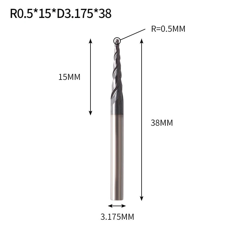 R0.5X15XD3.175X38L Augusttools коническая Концевая фреза HRC 55 Вольфрамовая твердосплавная фреза 3,175 мм 4 мм 6 мм с шариковым носом коническая концевая фреза для дерева и металла - Длина режущей кромки: R0.5X15XD3.175X38L