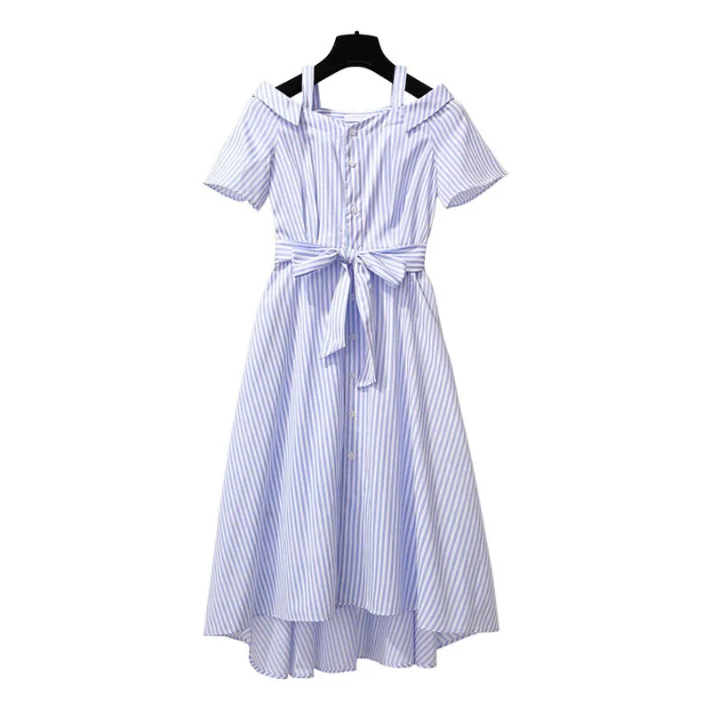 

ICHOIX Casual Striped Shirt dress summer women A-Line with belt short office work dress knee length elegant party beach dress