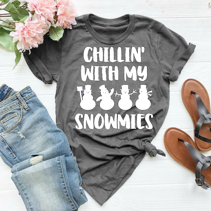 Gray - white txt Chillin с my Snowmies Рубашка Рождественский подарок Рождественский наряд 90 s Женская мода унисекс забавная графическая футболка праздничные футболки - Цвет: Gray - white txt