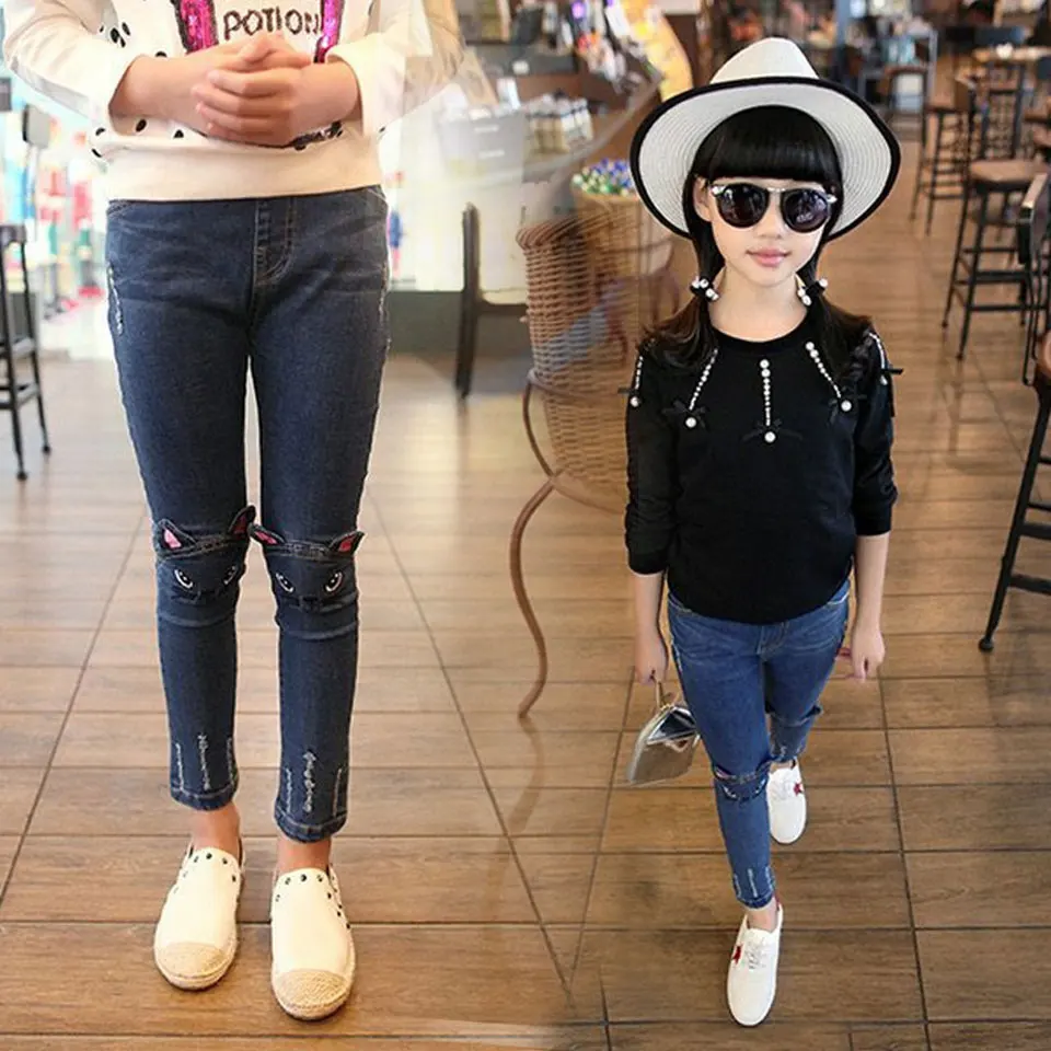 

2018 New Arrival Spring Autumn Child Cat Character Jeans Girls Pants Baby Jeans Trousers Child Children Spring Bottoms 3-9 Years