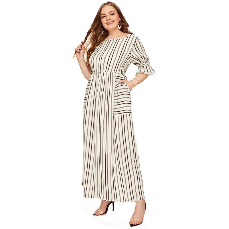 SHEIN, платье размера плюс с воланом, рукавом, накладным карманом, в полоску,, женское, весна-лето, повседневное, с коротким рукавом, с высокой талией, макси платья