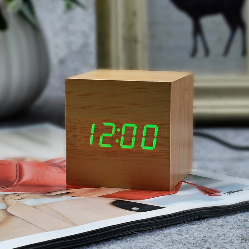 Suncree квадратные мини часы Деревянный светодиодный Будильник, reloj despertador Температура голосовой активации Светодиодный настольный забавные цифровые часы