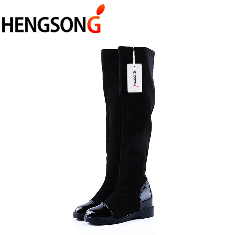 HENGSONG стрейч ткани бархатные сапоги Женские зимние тонкий плоский модные до