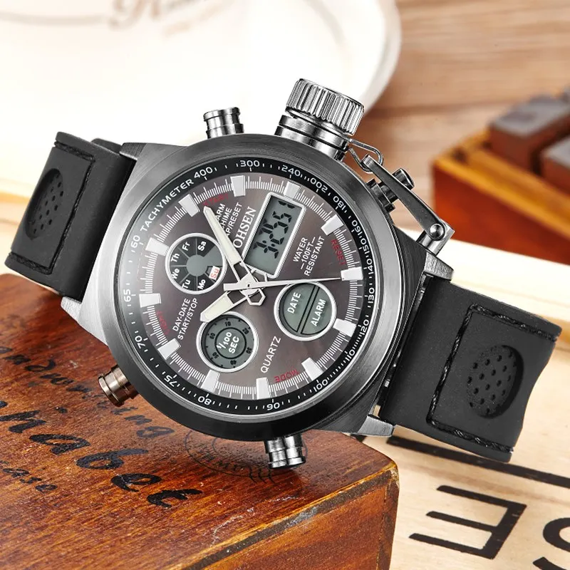 Мужские спортивные кварцевые часы с будильником и двумя часовыми