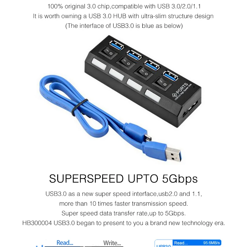 Мульти USB 3,0 концентратор USB разветвитель 5 Гбит/с микро usb-хаб с адаптером питания Переключатель ВКЛ/ВЫКЛ мини 4 usb порта для ПК Аксессуары для ноутбуков