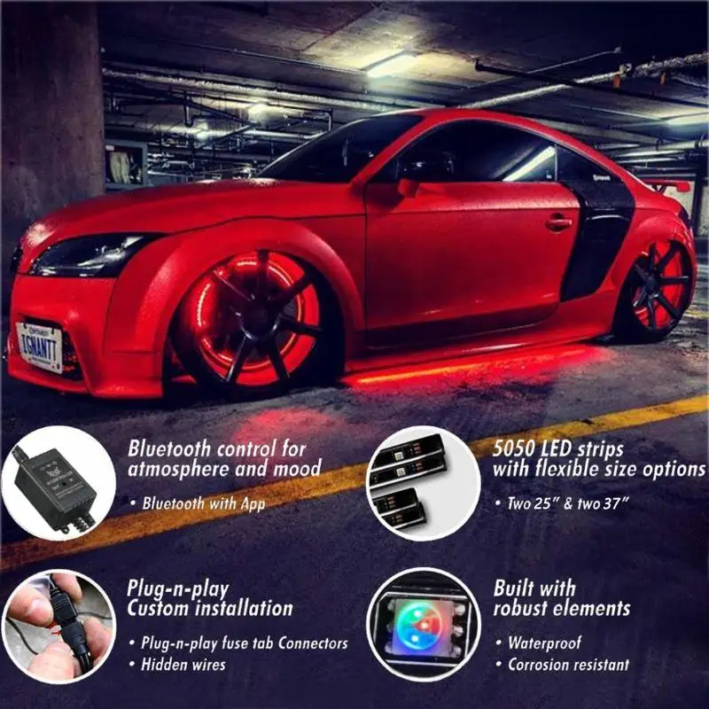 Мансуо LED неон 4 шт. для автомобиля RGB бегущие цвета музыкальная синхронизация под авто трубой световой полосы без провода дистанционного управления (90-120 см) вкл.