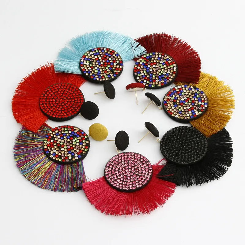 Женские блестящие висячие серьги Boho черные длинные с кисточками модные