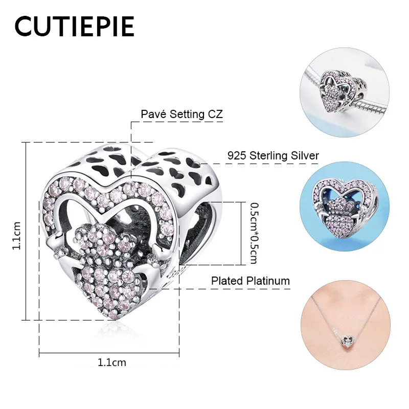 CUTIEPIE новые реальные 925 пробы Серебряное сердце форма прозрачный розовый CZ бусины