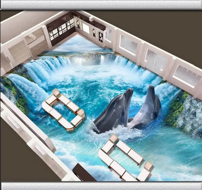 3D обои из ПВХ с изображением водопада дельфина гостиной кухни|painting wallpaper|3d floor