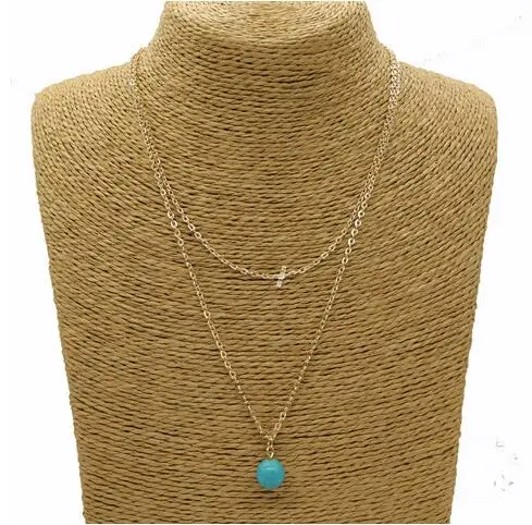 Новый список готический панк двойная цепь синий круглый камень кулон ожерелье