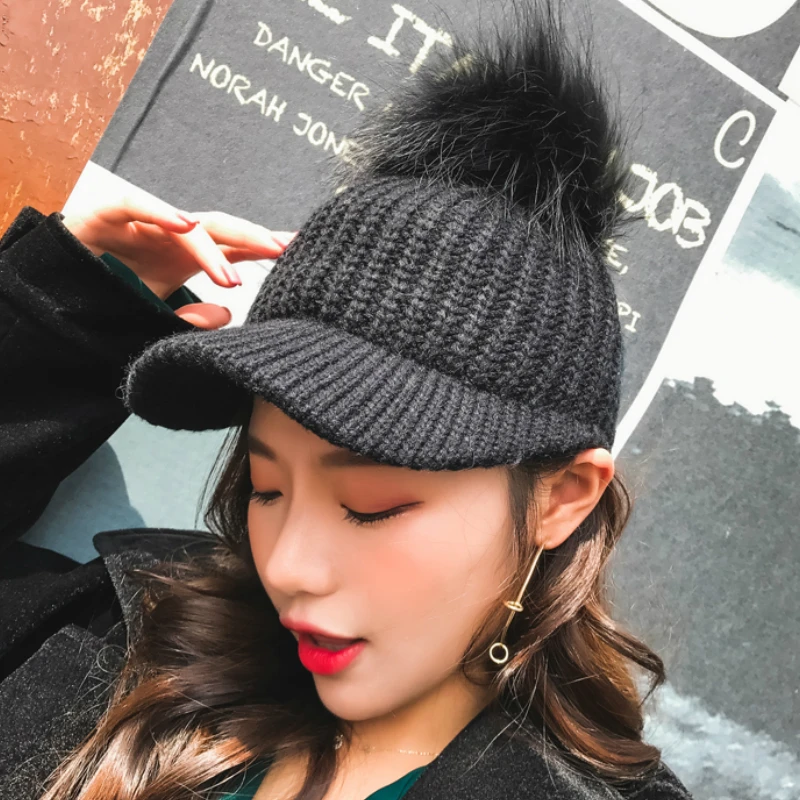 2017 Autumn Winter New Hot Fashion Women Casual Simple Warm Visors Female Thick Knitting Feathers Ball Hats Caps Students | Аксессуары