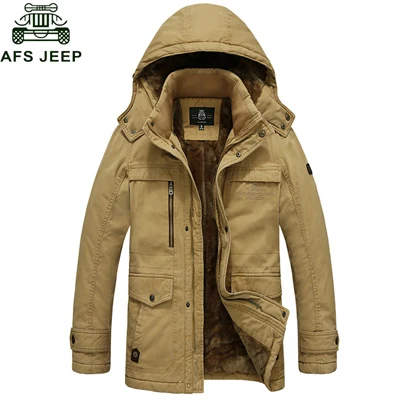 Khaki AFS JEEP парка зимняя куртка мужская Толстая теплая подкладка из шерсти с капюшоном воротник Casaco Masculino зимняя куртка размера плюс M-5XL - Цвет: Khaki