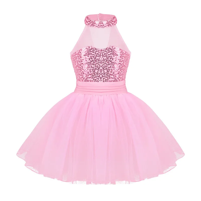 Pink Kids Girls Mock Neck Ballet Dance Dress Gymnastic Leotard Shiny Sequins Sleeveless Mesh Splice Ballet Leotard Flower Girls Dress - Цвет: Pink