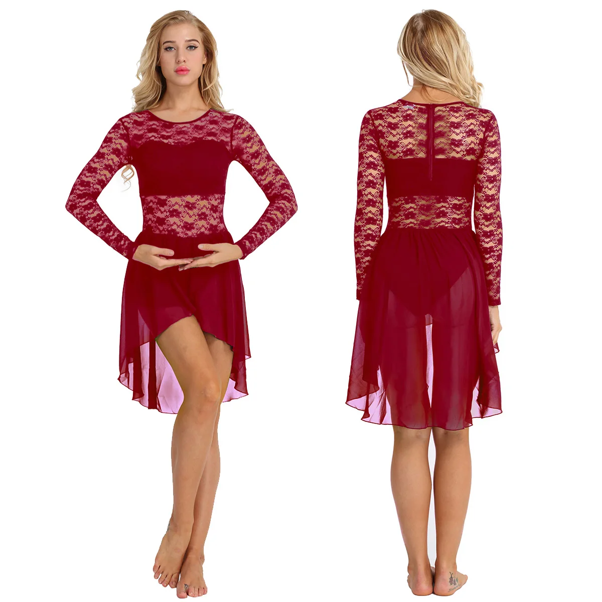 Burgundy Женские костюмы для лирических танцев с длинным рукавом с цветочным кружевом, шифоновое танцевальное боди, балетное платье-пачка, гимнастическое трико для танцев - Цвет: Burgundy